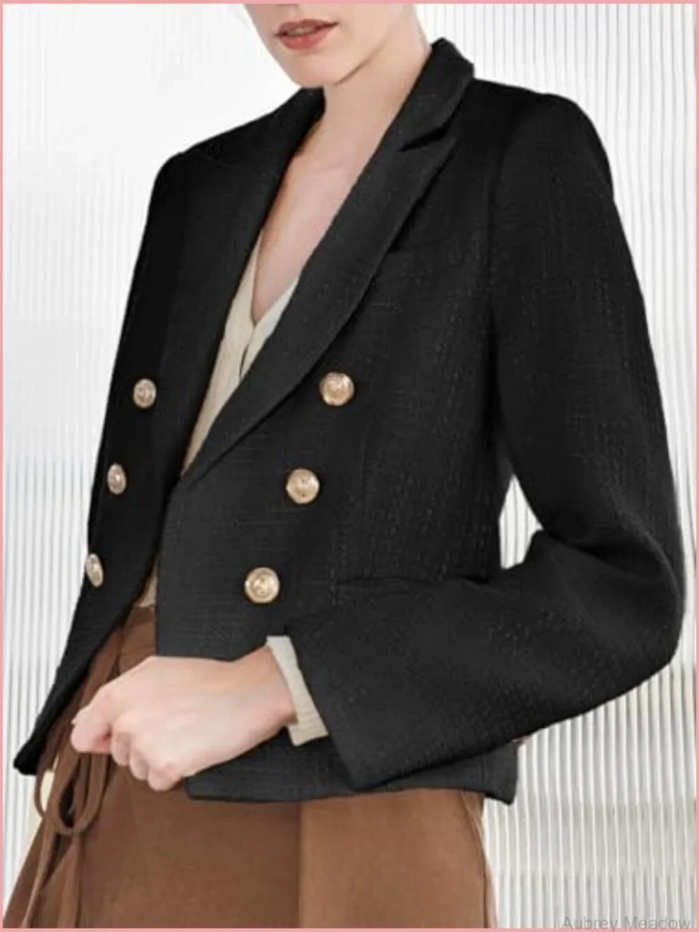 Cropped Tweed Blazer Jacket Lapel Open Front Long Sleeve Business Suit Jacket